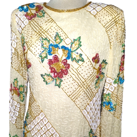 Gorgeous 100% SilkBeige embroidered midi long sleeve beaded sequins dress Size M - Picture 4 of 13